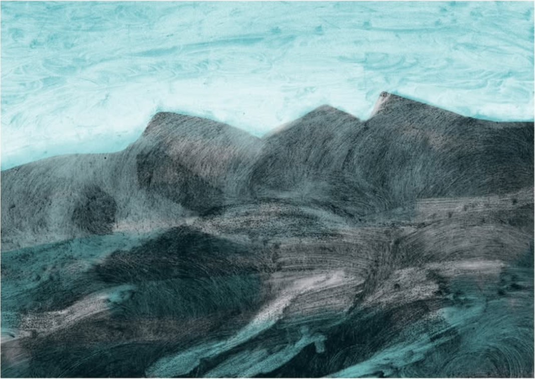 Mountains in charcoal under a turquoise sky, monotype print by Dieter De Schutter